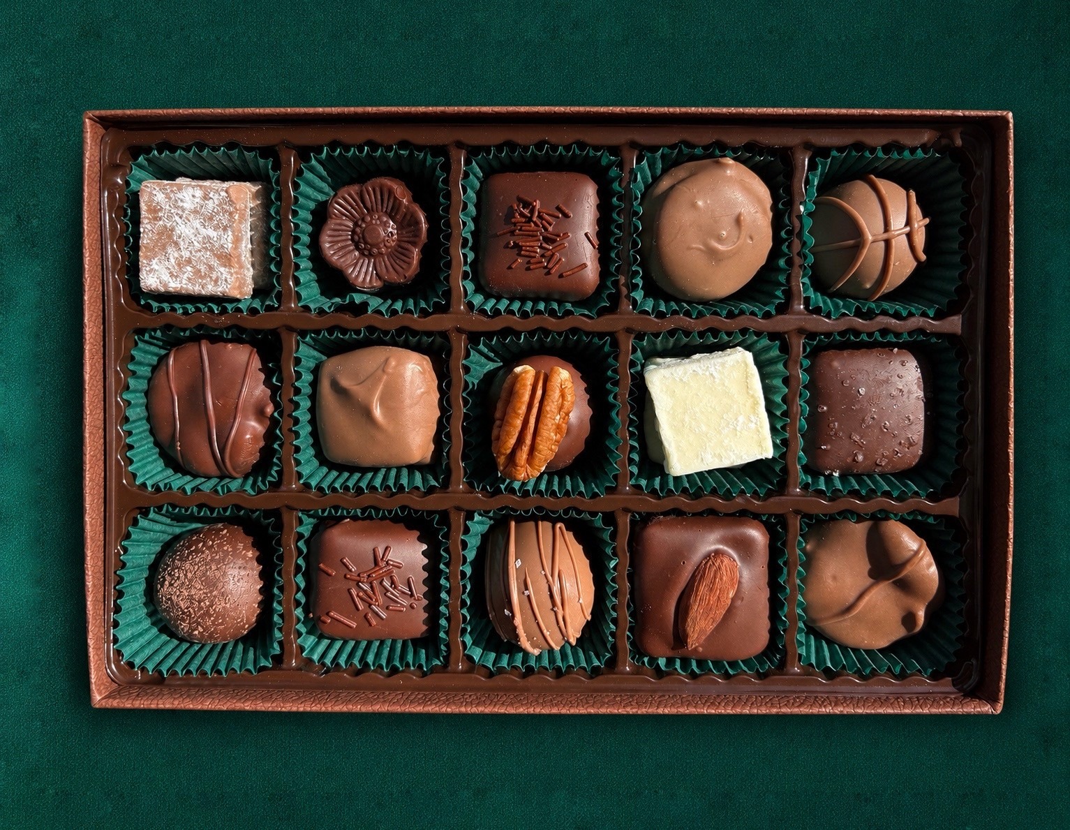 An assortment of handcrafted chocolates from Mary Jane’s Chocolates.